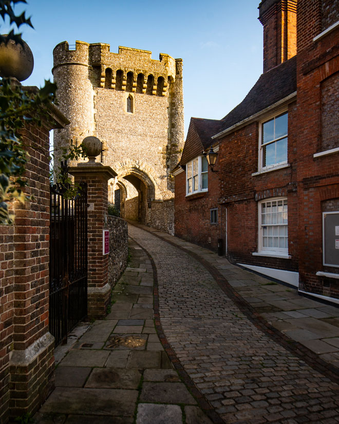 Golden light in an early morning shot of one of the towers at Lewes castle