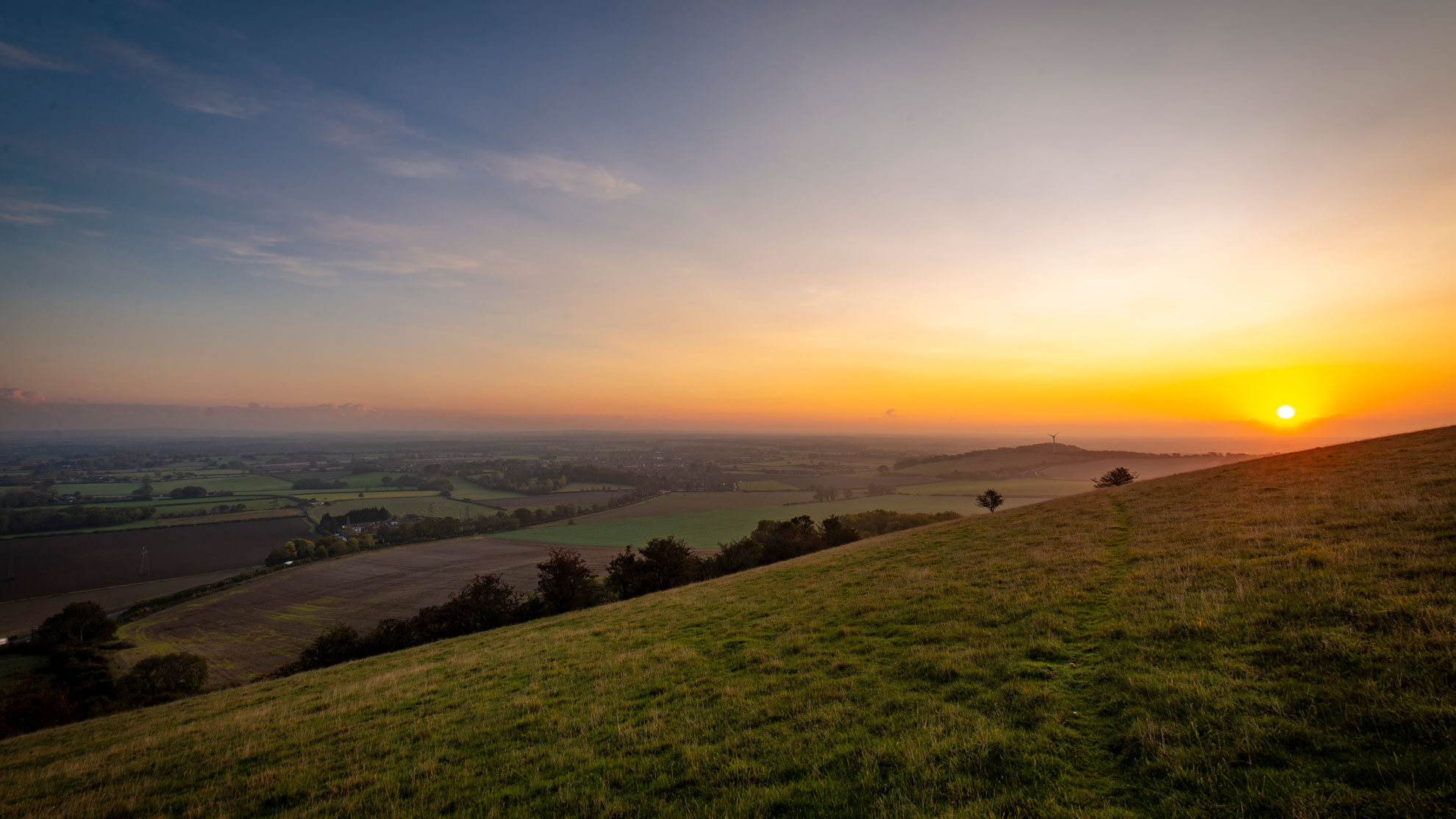 Sunrise over beautiful countryside near Lewes, East Sussex