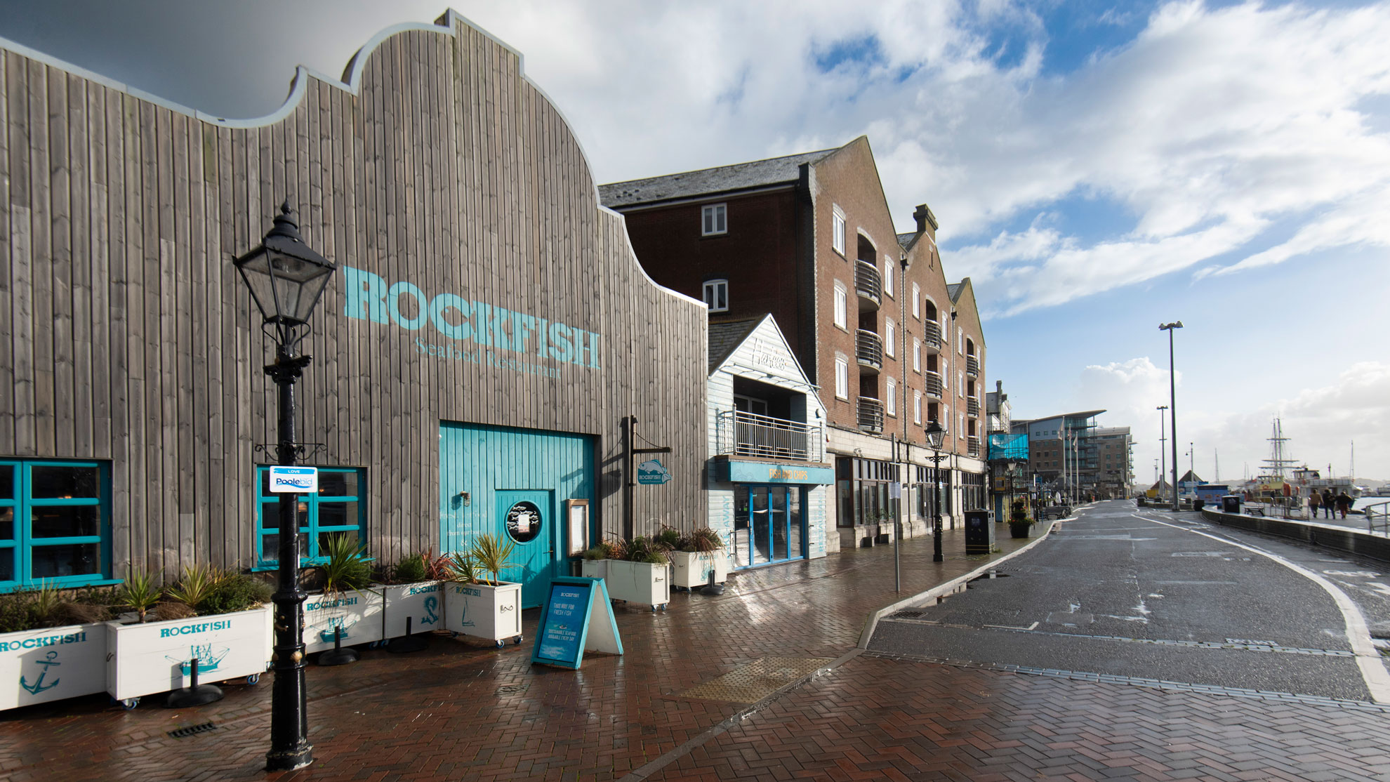 Rockfish seafood restaurant on poole harbour shortly after a rain shower